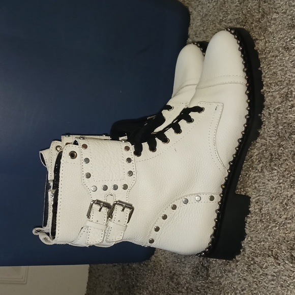 Sam Edelman "Jennifer" leather moto combat boots - 8 - white/black/silver - Picture 7 of 14